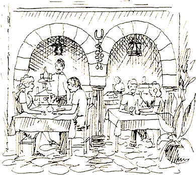 An archival drawing of guests sitting beneath the tavern's stone arches